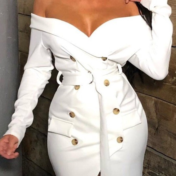 White Off the Shoulder Belted  Blazer Dress - Picture 3 of 6